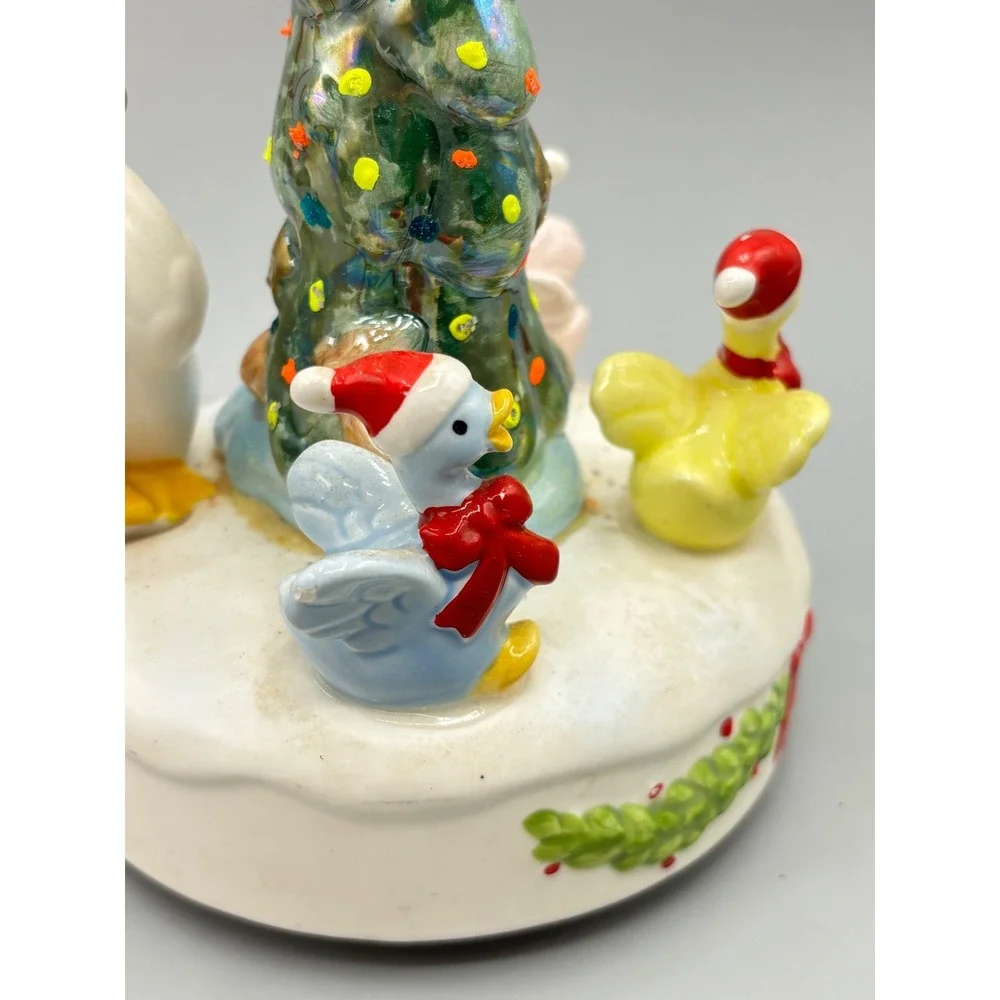 Vintage Christmas Music Box Wind Up Goose Ceramic Rotating Tree Cottage Ducks